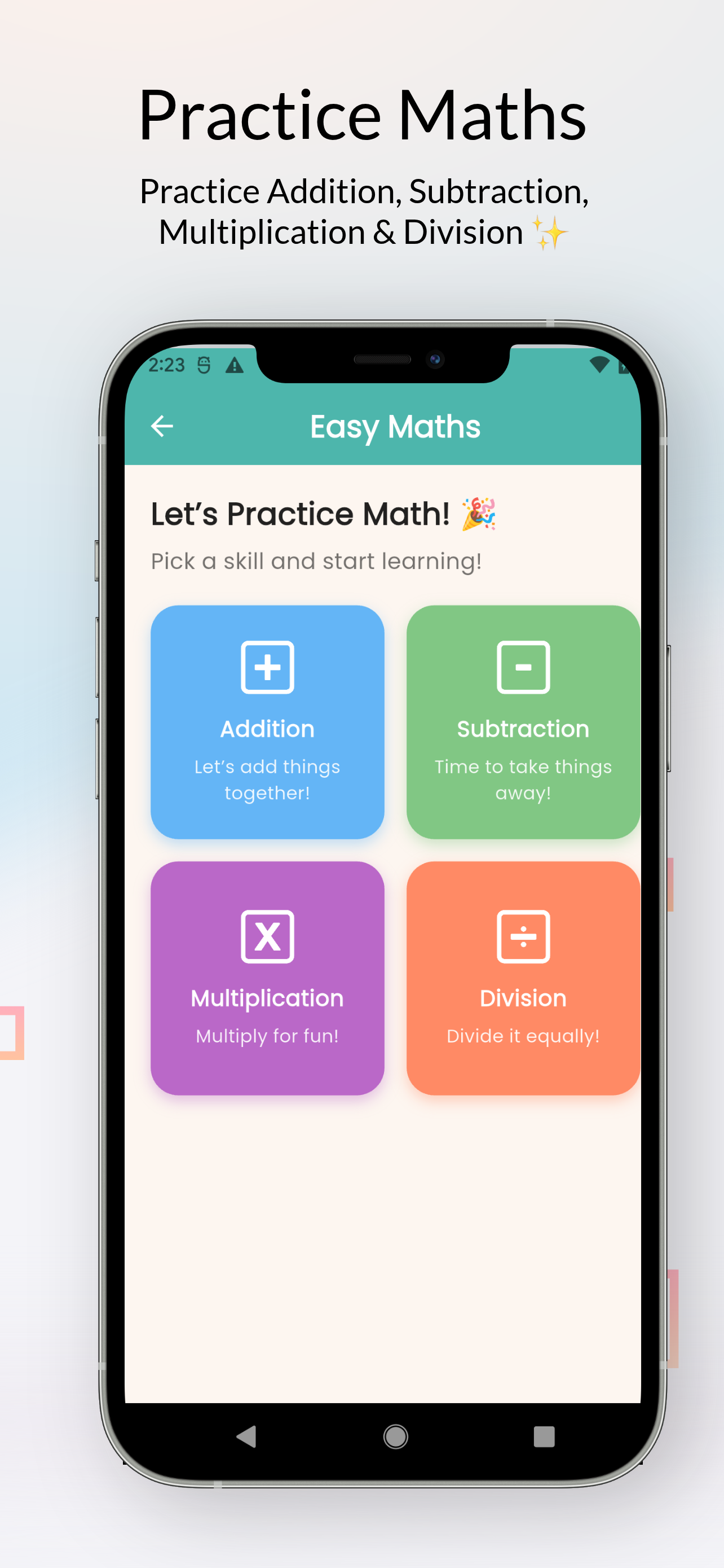Easy Maths app screenshot showing quiz interface